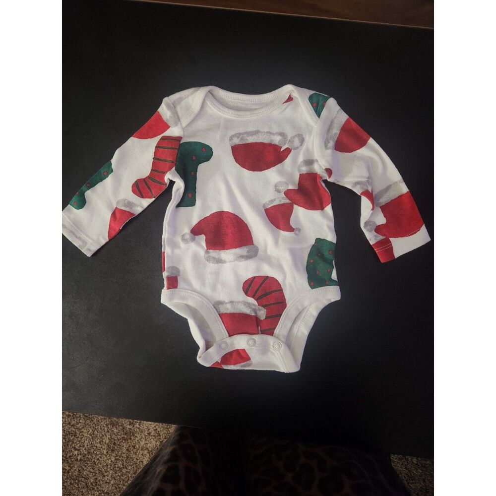 Carter's Baby 3M White Christmas Santa Hat Stocking Print Long Sleeve Bodysuit